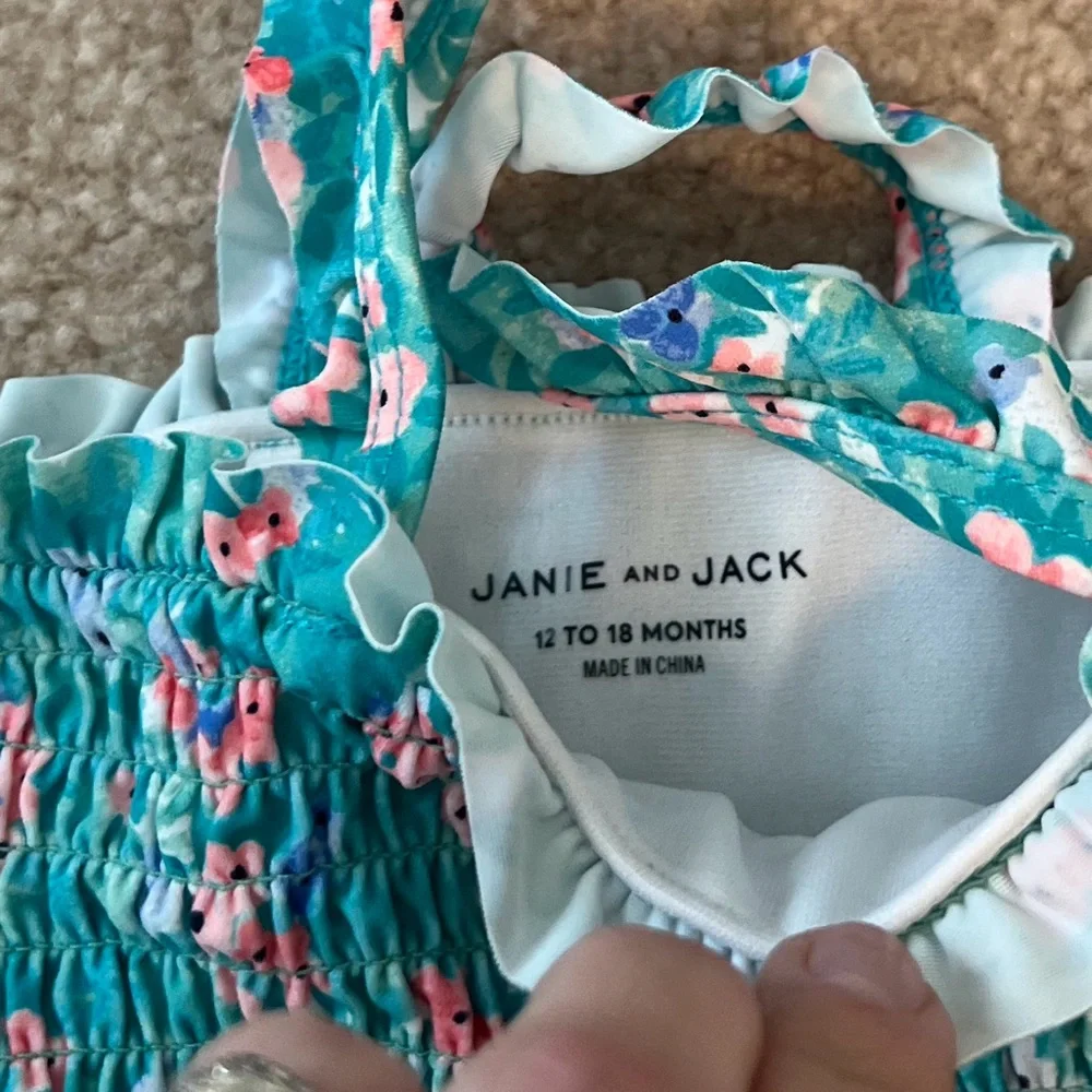 Baby Girl Janie and Jack Ditsy Floral Smocked Swimsuit in sea blue ditsy floral